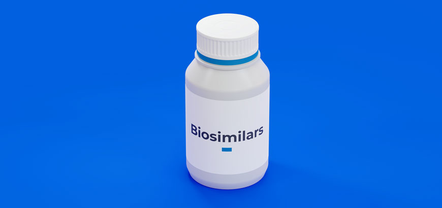 A pill bottle with the word &quot;Biosimilars&quot; written on it.