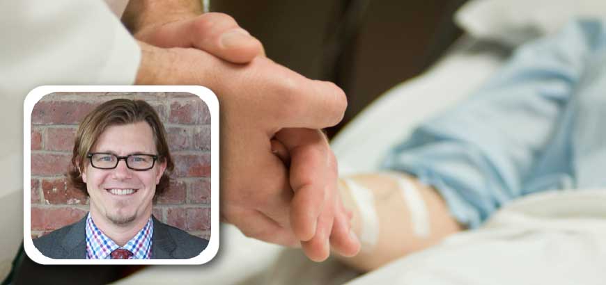 Craig Dolan's headshot over an image of a hospital patient holding someones hand.