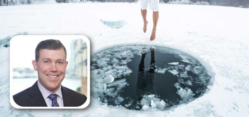 A photo of Dave Ehlert next to an image of an icy lake with a hole cut into the ice and someone with bare feet jumping into the hole.