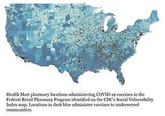 Graphic map of the USA showing HealthMart locations offering COVID-19 Vaccinations