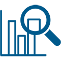 A magnifying glass over a bar graph representing data analytics