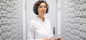 A pharmacist stands with her arms crossed