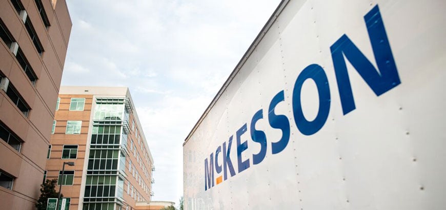 McKesson branded shipping container outside of office building