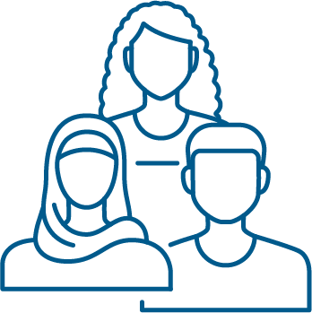 Icon of three diverse people, including a woman with curly hair, a person with a hijab, and a man.