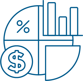 Icon depicting financial data with pie chart, bar graph, percentage, and dollar symbol.