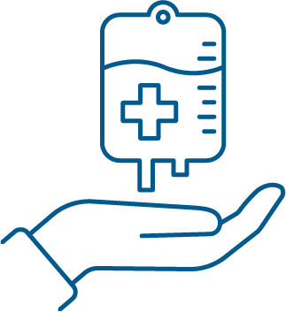 Icon of a hand holding a medical IV bag with a cross symbol.