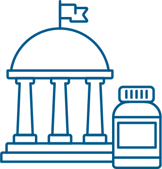 Icon of a government building with a flag and a medicine bottle.