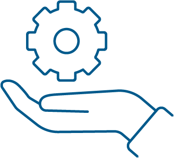 Icon of a hand holding a gear, symbolizing support and settings.