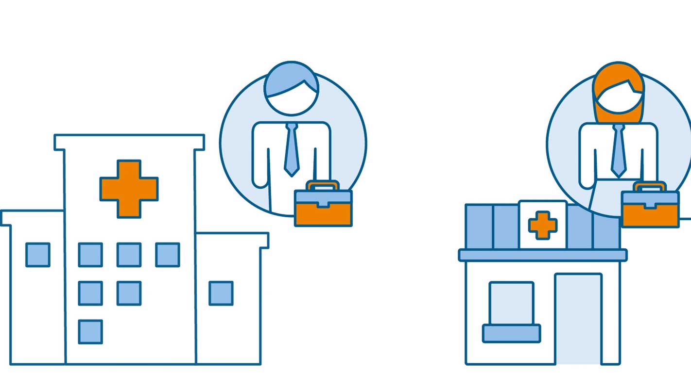 Graphic icons depicting a hospital and a pharmacy<br>  