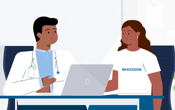 A drawing of a doctor and a patient sitting at a table talking over a computer