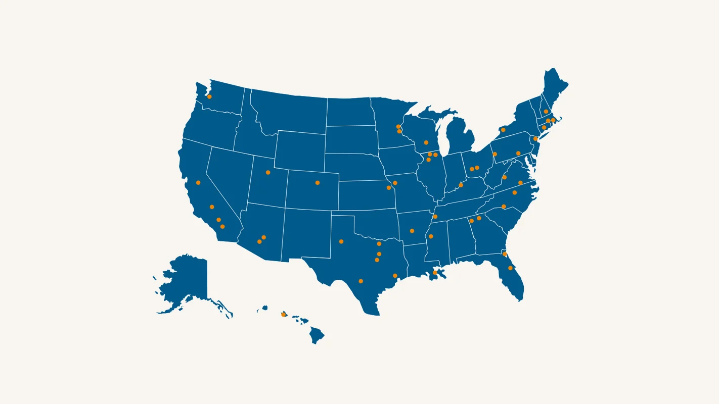 A map of the United States with orange dots marking McKesson Medical Surgical offices