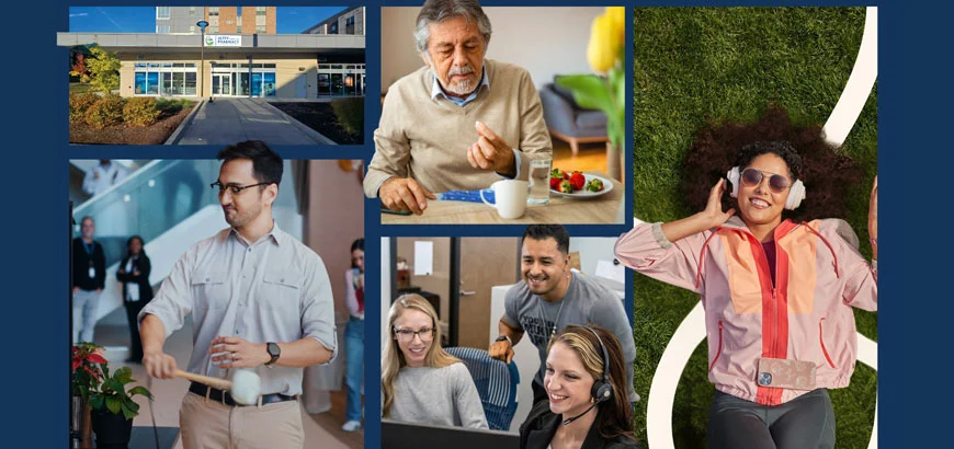 A collage of various activities, including a building entrance, dining, working, and relaxing outdoors.