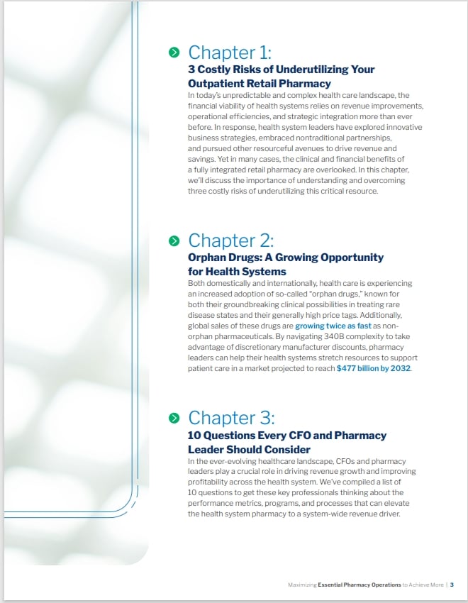 A document page listing chapters on outpatient retail pharmacy risks, orphan drugs, and CFO considerations.