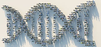 people standing in the shape of a DNA helix